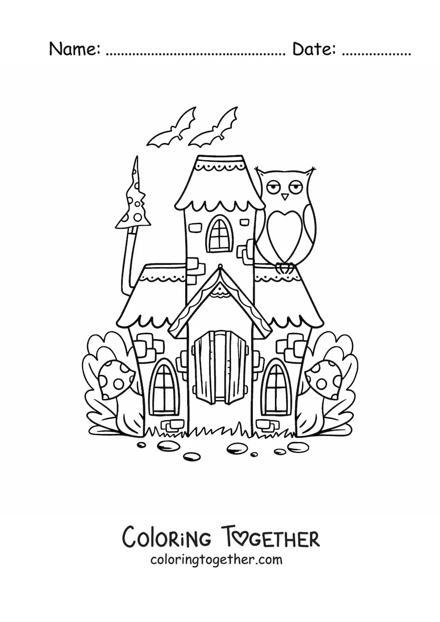 Coloring page of an enchanted castle in a magical forest