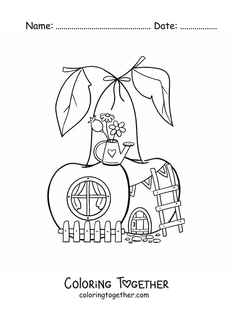 Coloring page of a cherry-shaped house in the enchanted forest