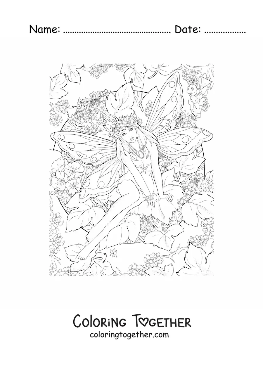 Coloring page of a realistic fairy with flowers sitting in the enchanted forest