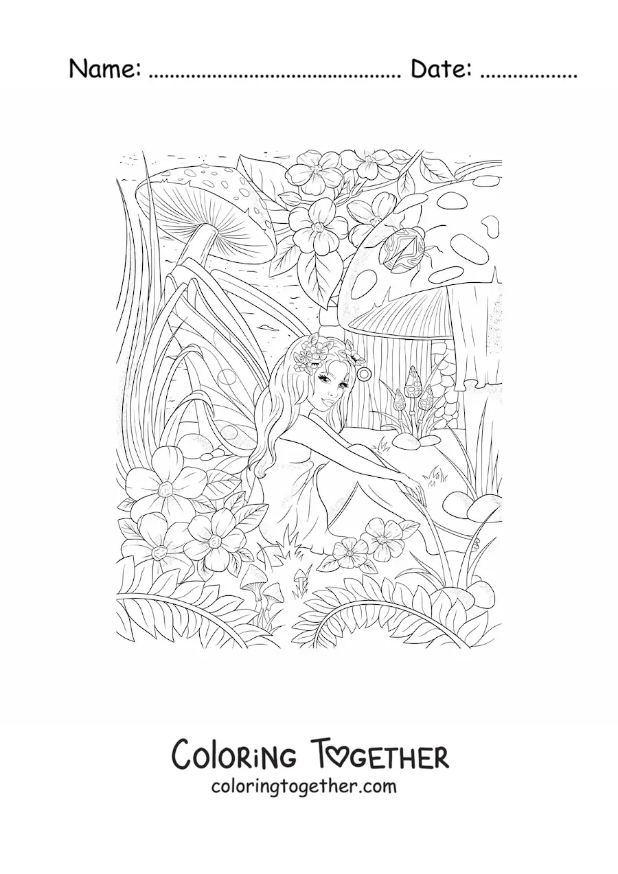 Coloring page of a realistic fairy with flowers and mushrooms sitting in the enchanted forest