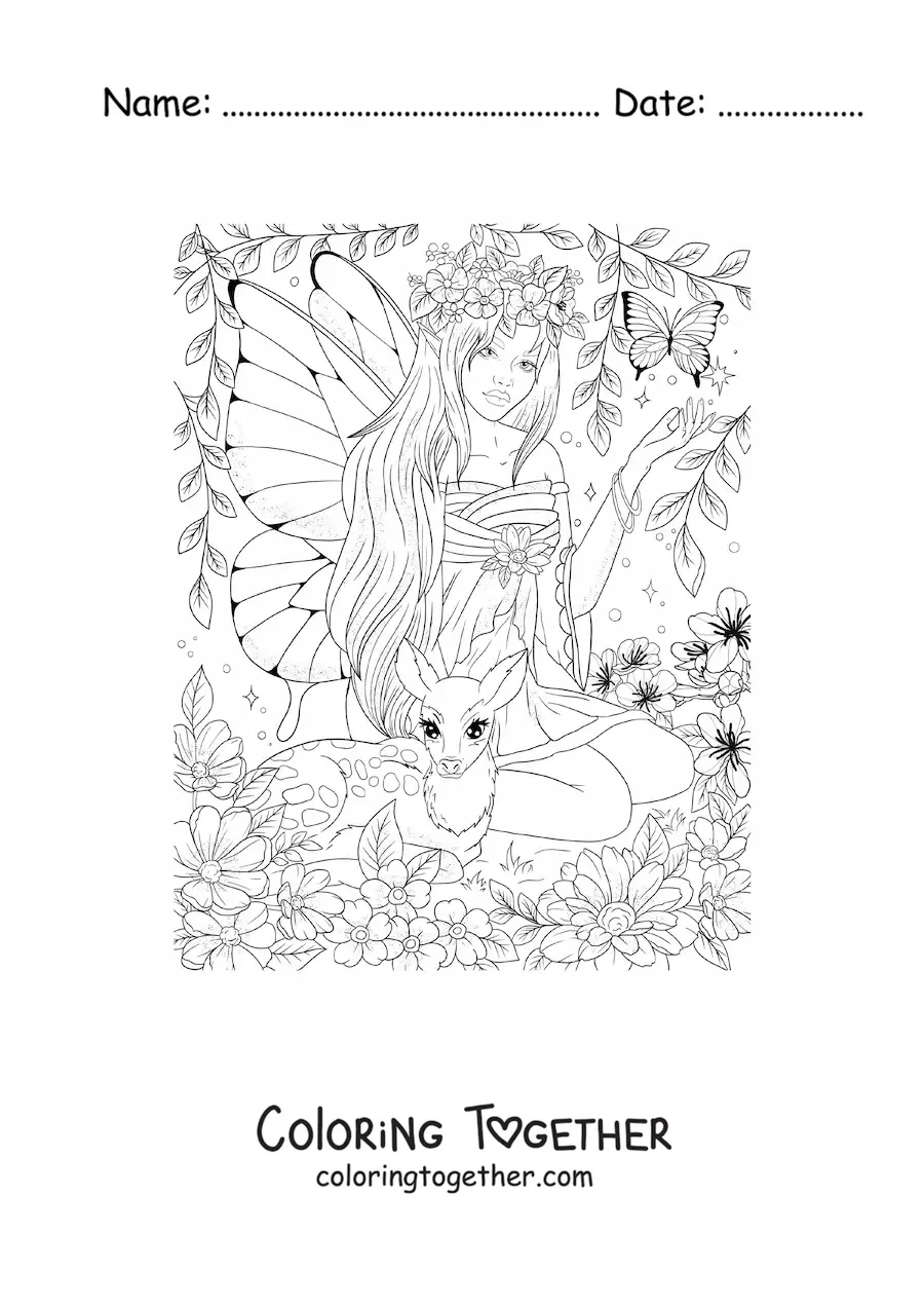 Coloring page of a realistic fairy with a butterfly and a deer sitting in the enchanted forest