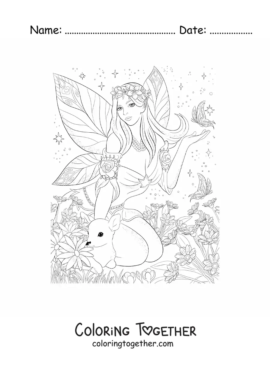 Coloring page of a beautiful realistic fairy with a butterfly and a deer sitting in the enchanted forest