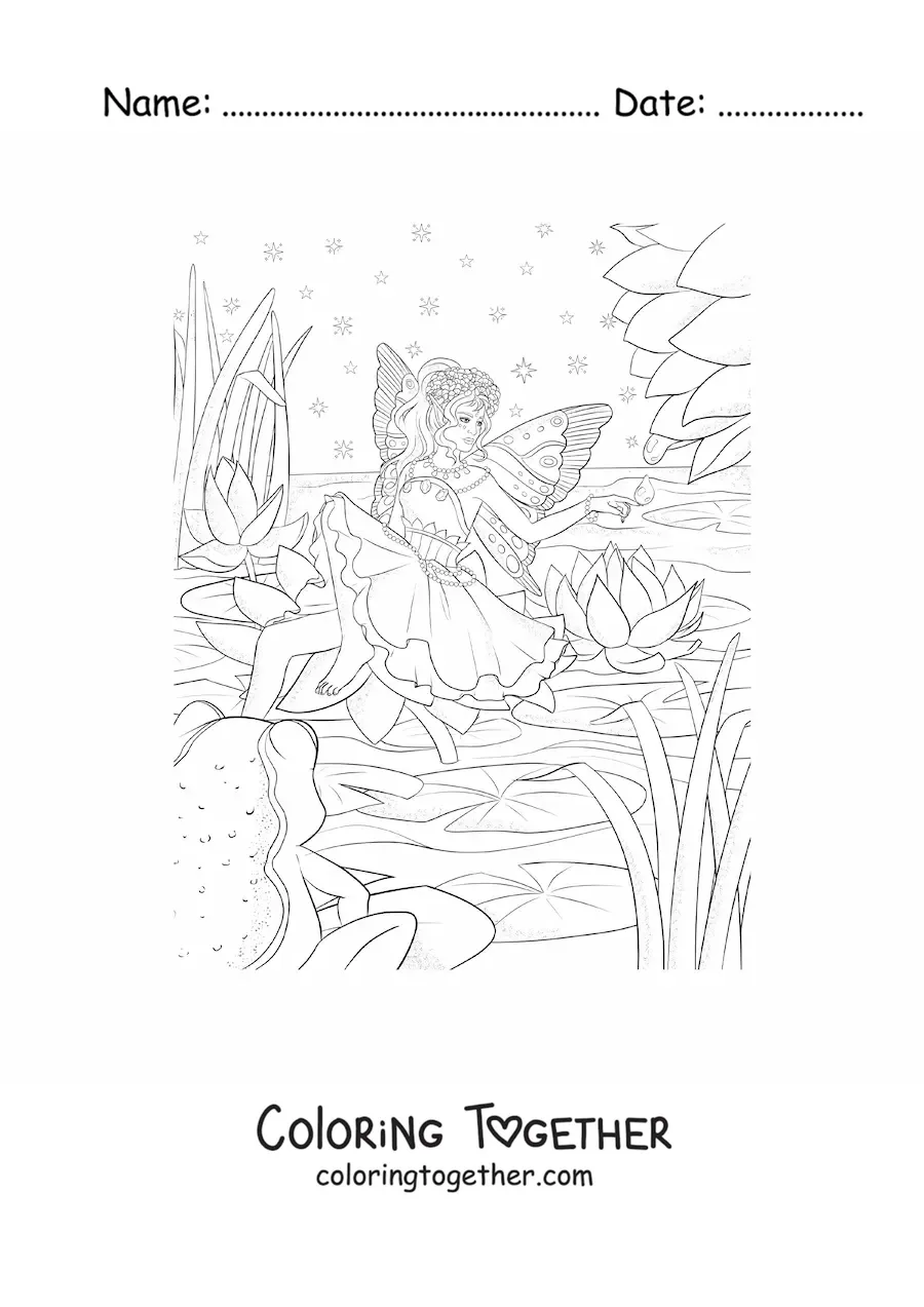 Coloring page of a beautiful water fairy on a lake in the enchanted forest