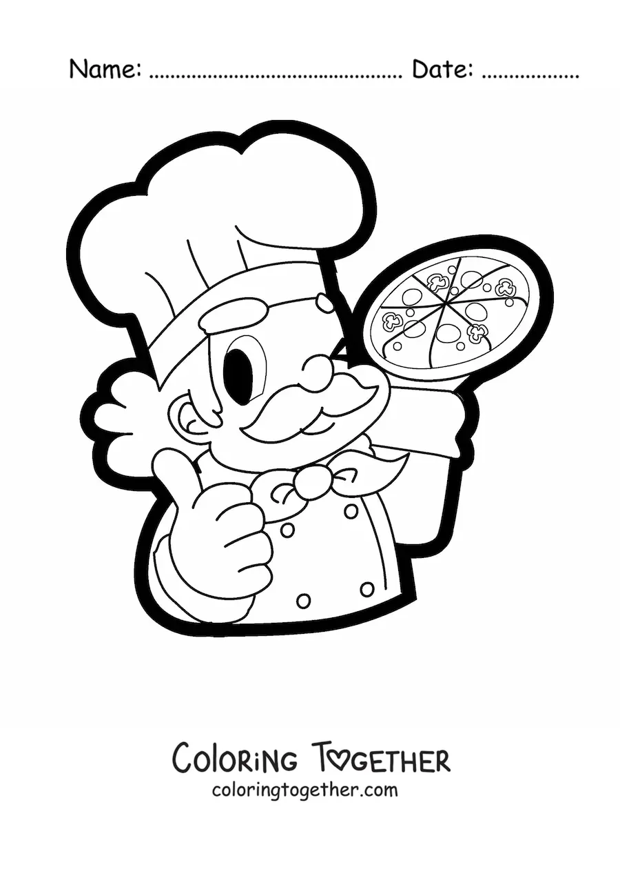 Coloring page of a chef holding a pizza in one hand