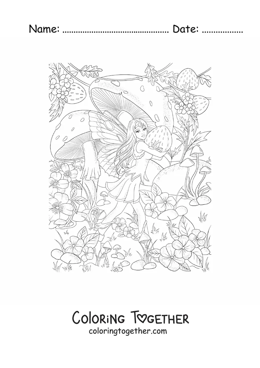 Coloring page of a beautiful realistic fairy with strawberries and mushrooms in a magical garden