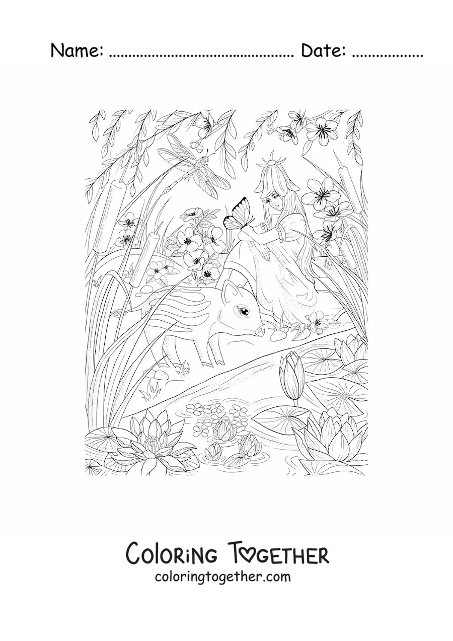 Coloring page of a beautiful animal fairy sitting in a magical garden with a butterfly and a tapir