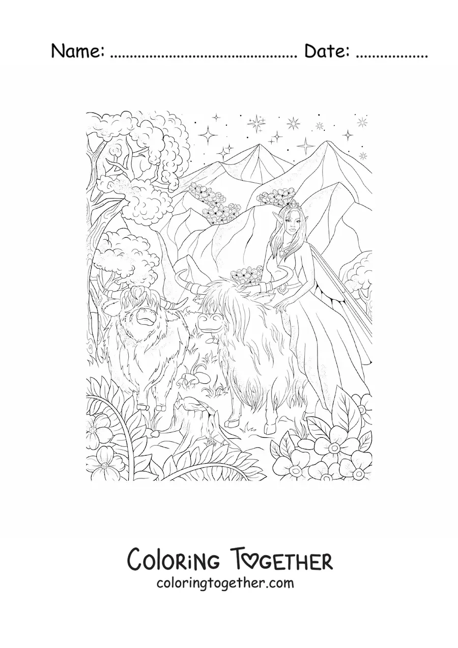Coloring page of a beautiful animal fairy sitting on an ox in the enchanted forest