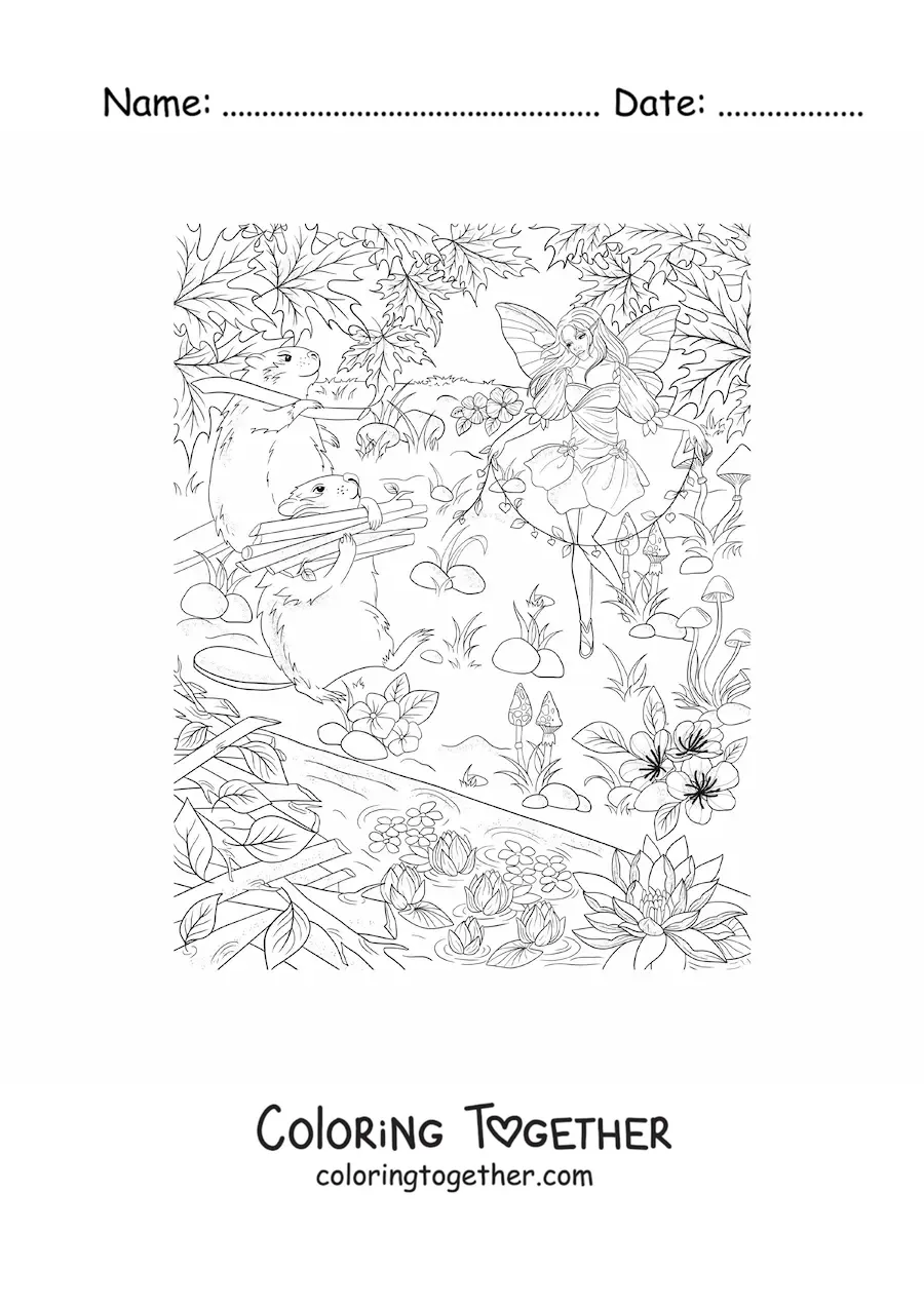 Coloring page of a beautiful animal fairy with beavers in the enchanted forest