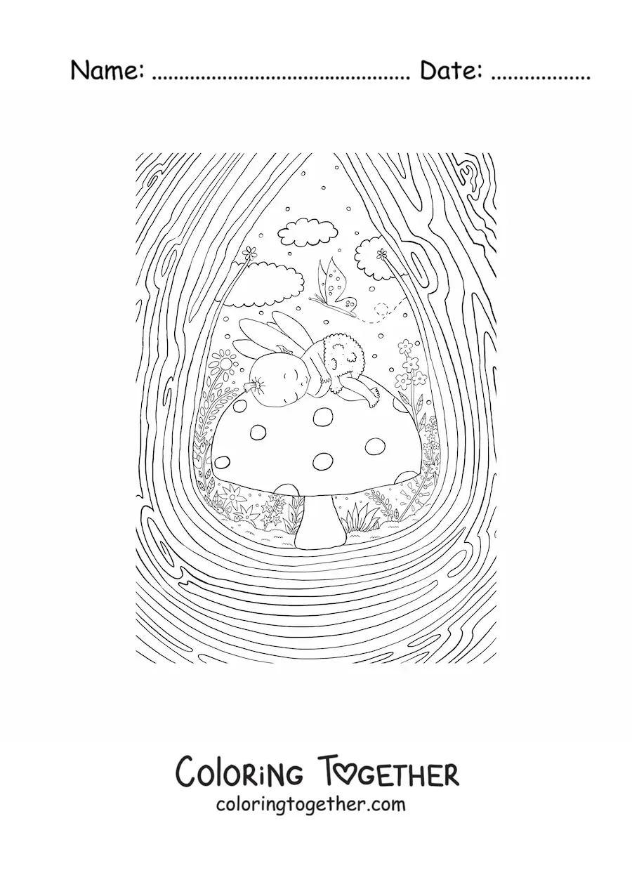Coloring page of a baby fairy sleeping on a mushroom in a magical garden