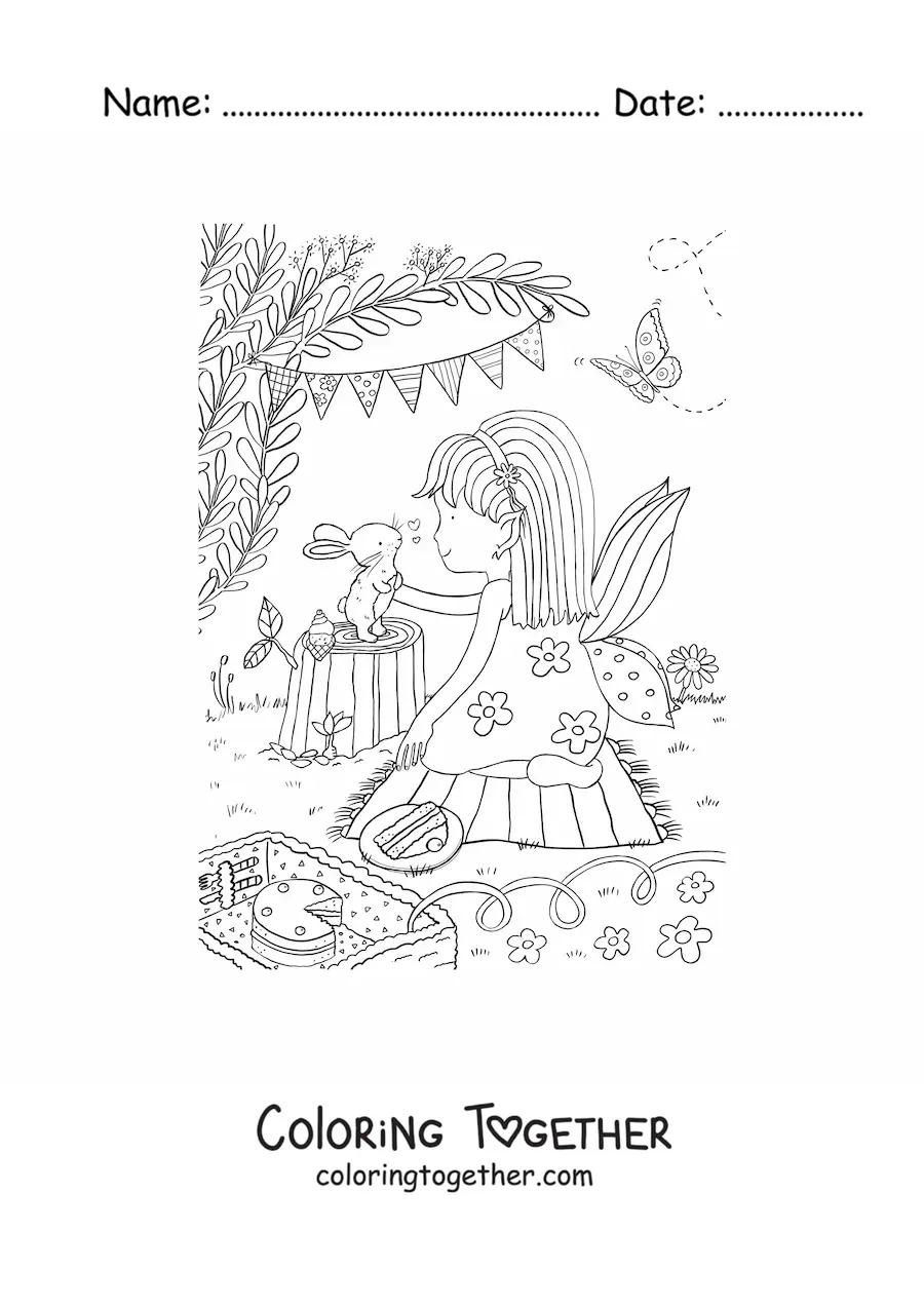 Coloring page of a little fairy girl having a picnic with a rabbit in a magical garden