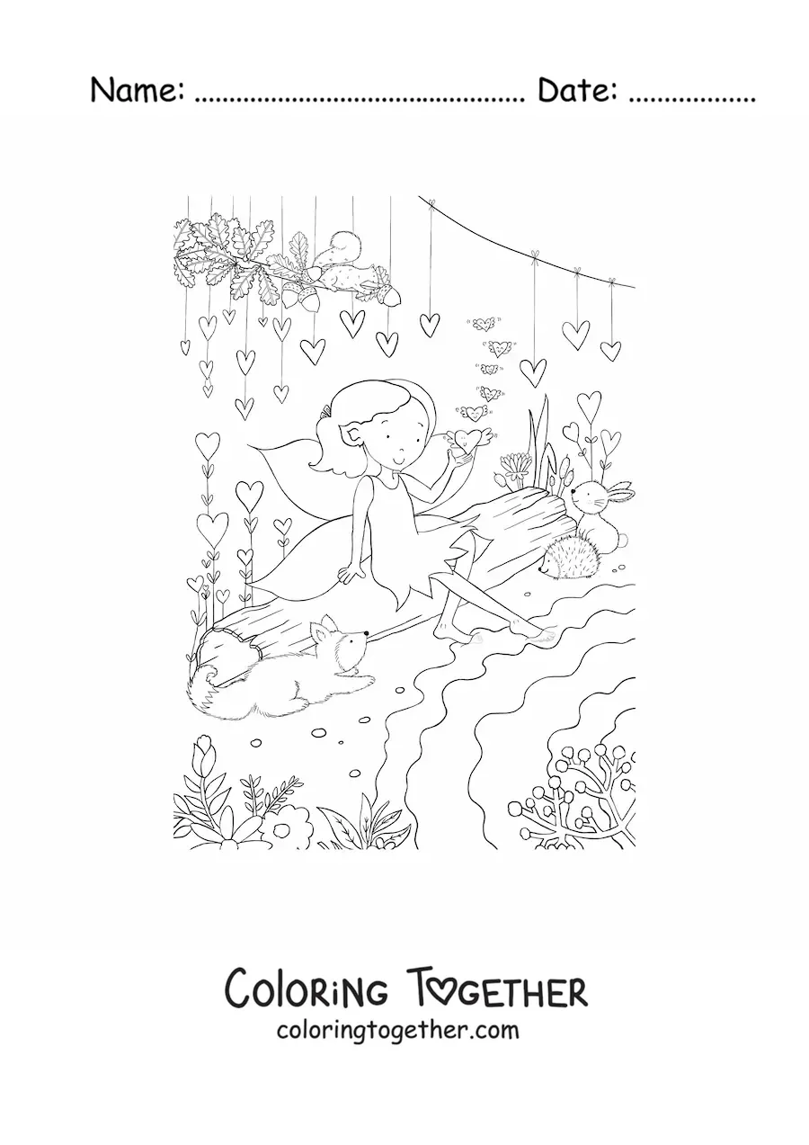 Coloring page of a little fairy girl with animals in the enchanted forest
