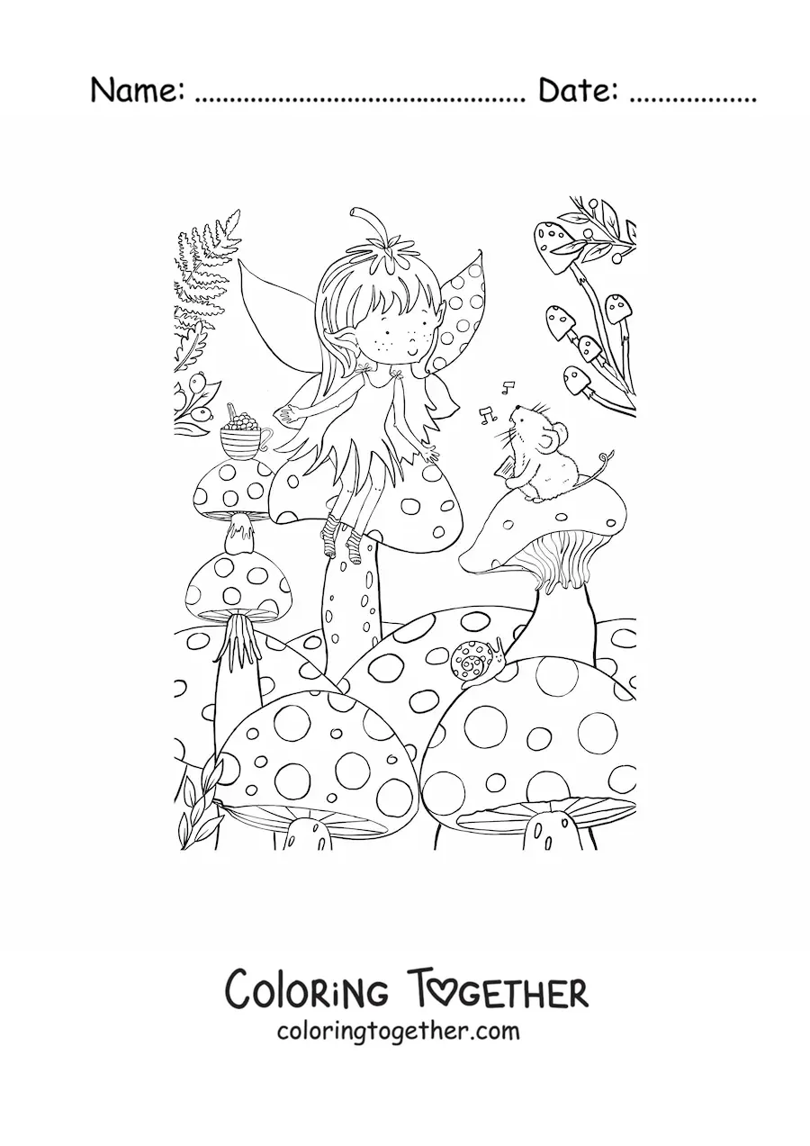 Coloring page of a little fairy girl sitting on a mushroom with a mouse in the enchanted forest