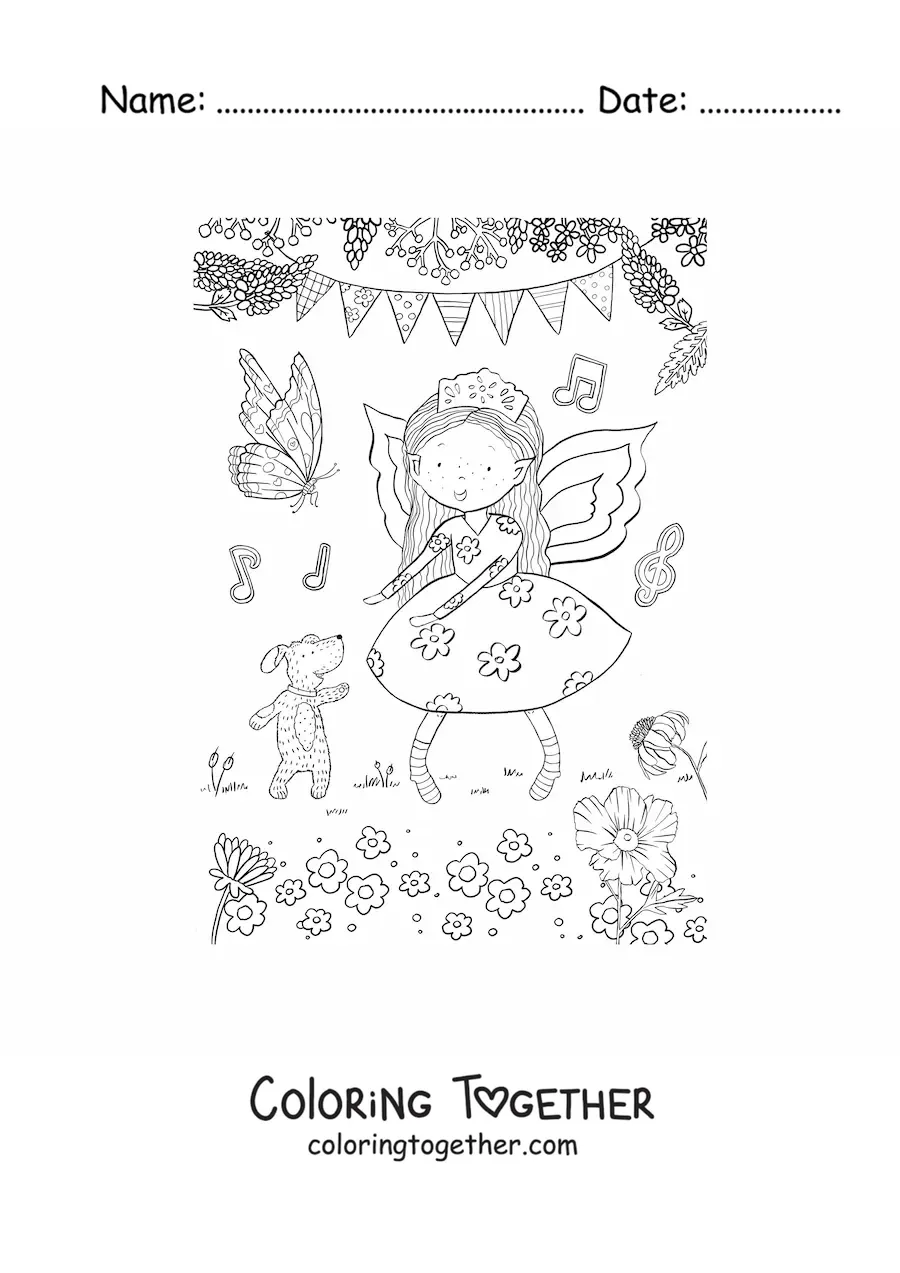 Coloring page of a little fairy girl dancing with a dog in a magical garden