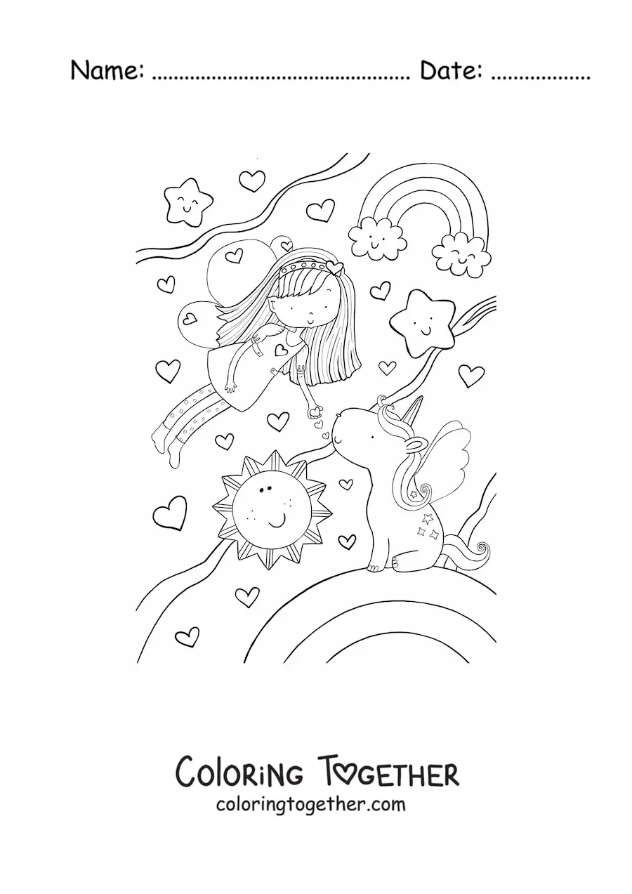 Coloring page of a little fairy girl flying with a unicorn and a rainbow