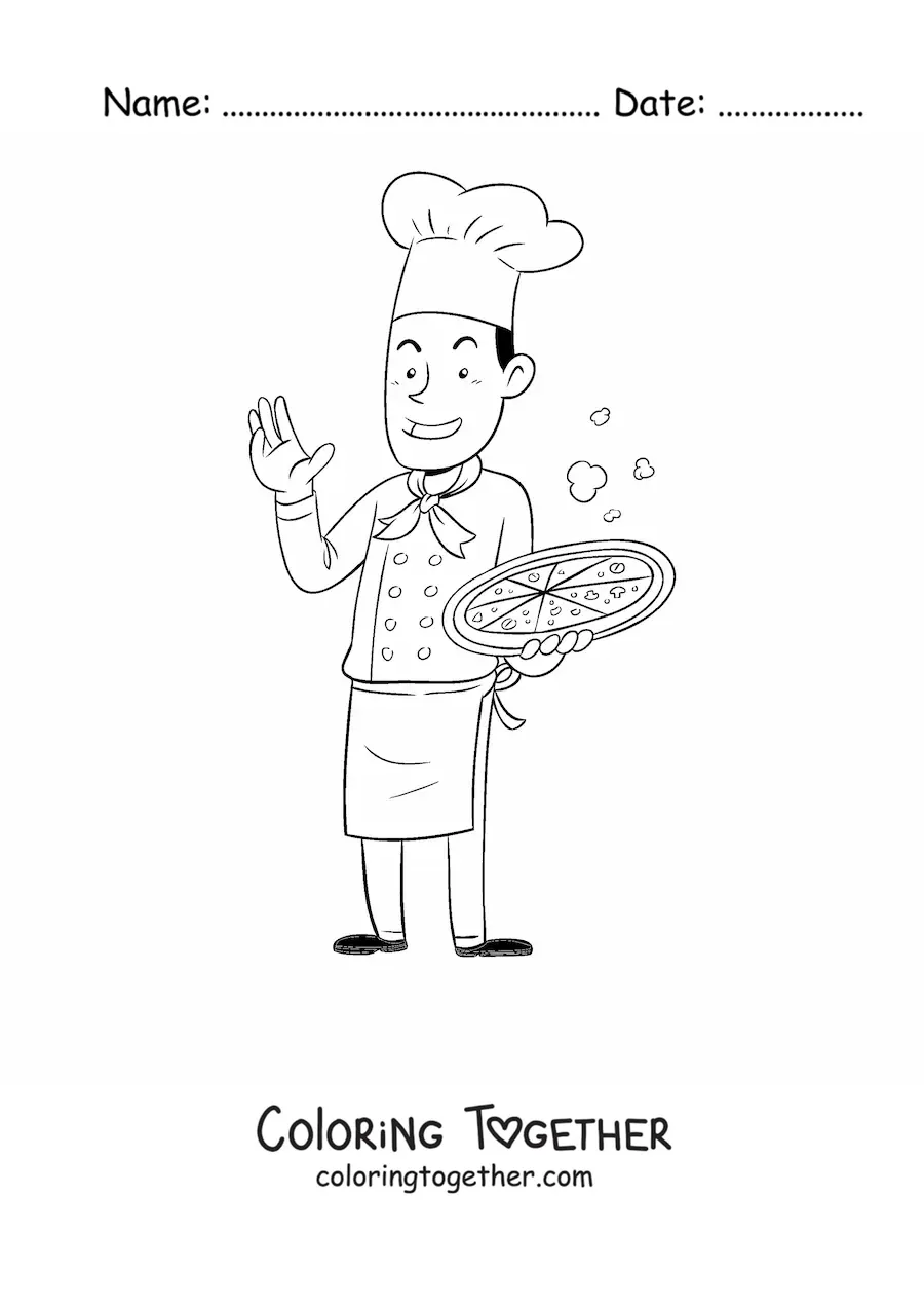 Coloring page of a chef pulling out a pizza slice