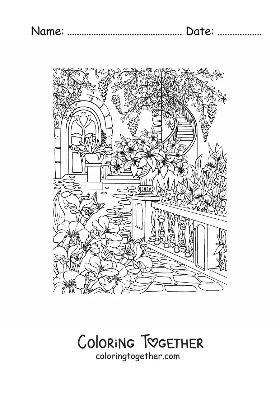 Coloring page of a secret garden with flowers and stairs