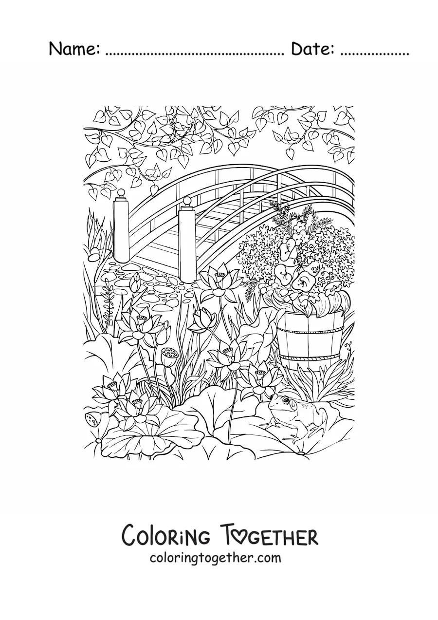 Coloring page of a secret garden with flowers and a bridge