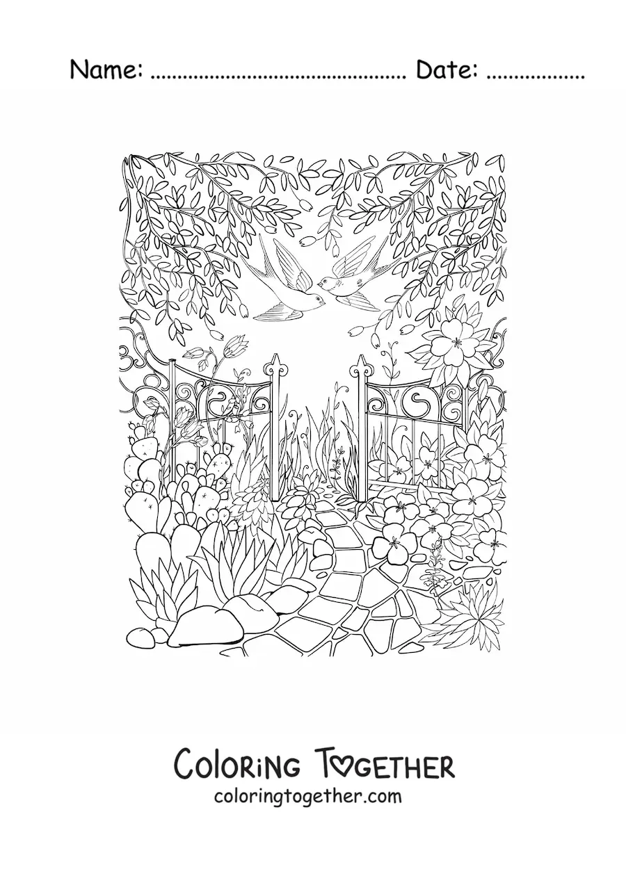 Coloring page of a secret garden with flowers and birds