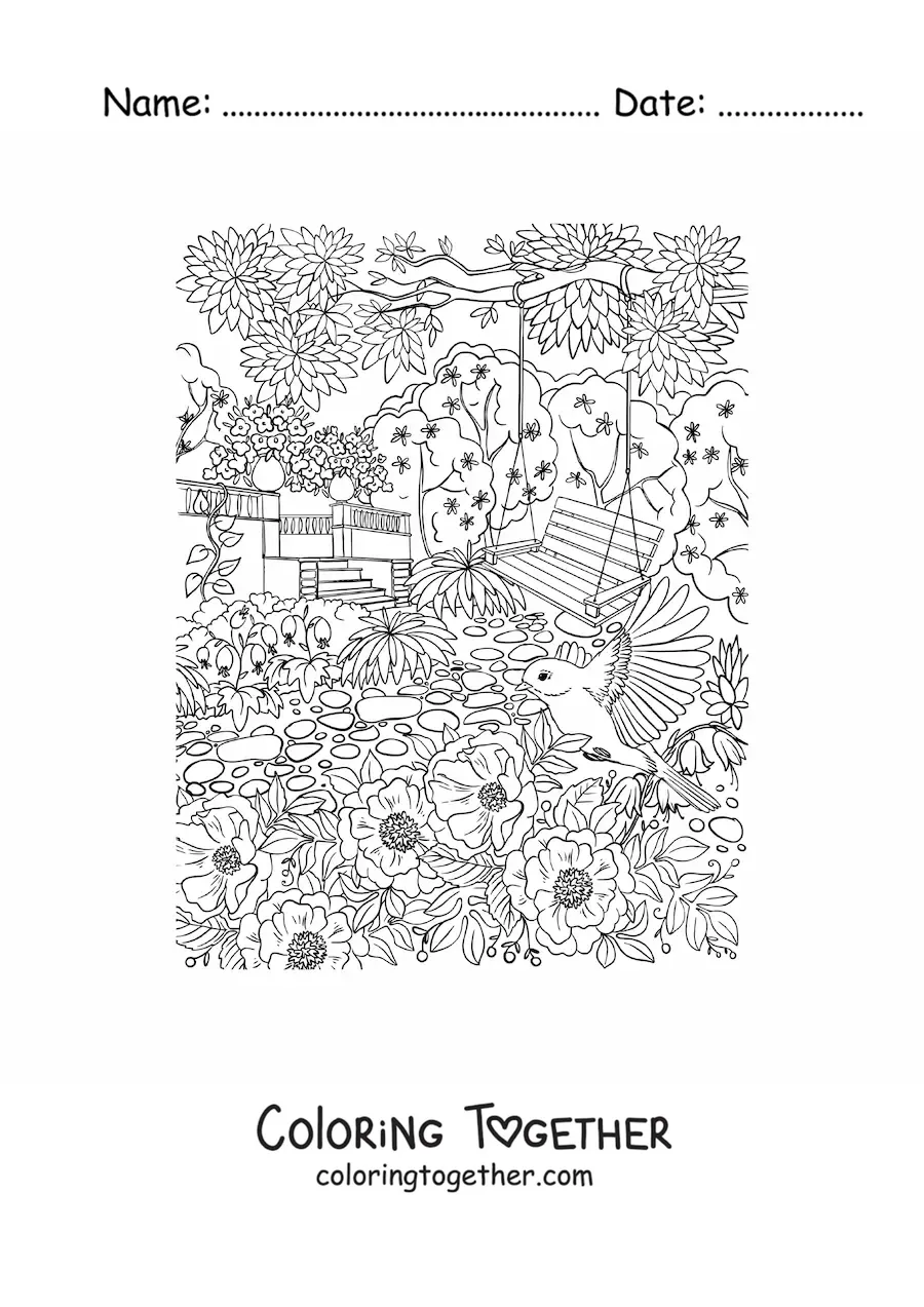 Coloring page of a secret garden with a swing surrounded by flowers and birds