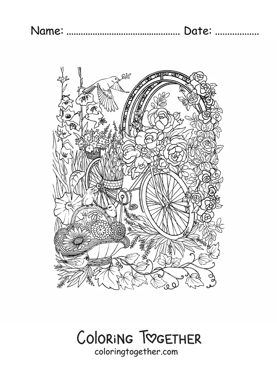 Coloring page of a bicycle in a secret garden with flowers and birds
