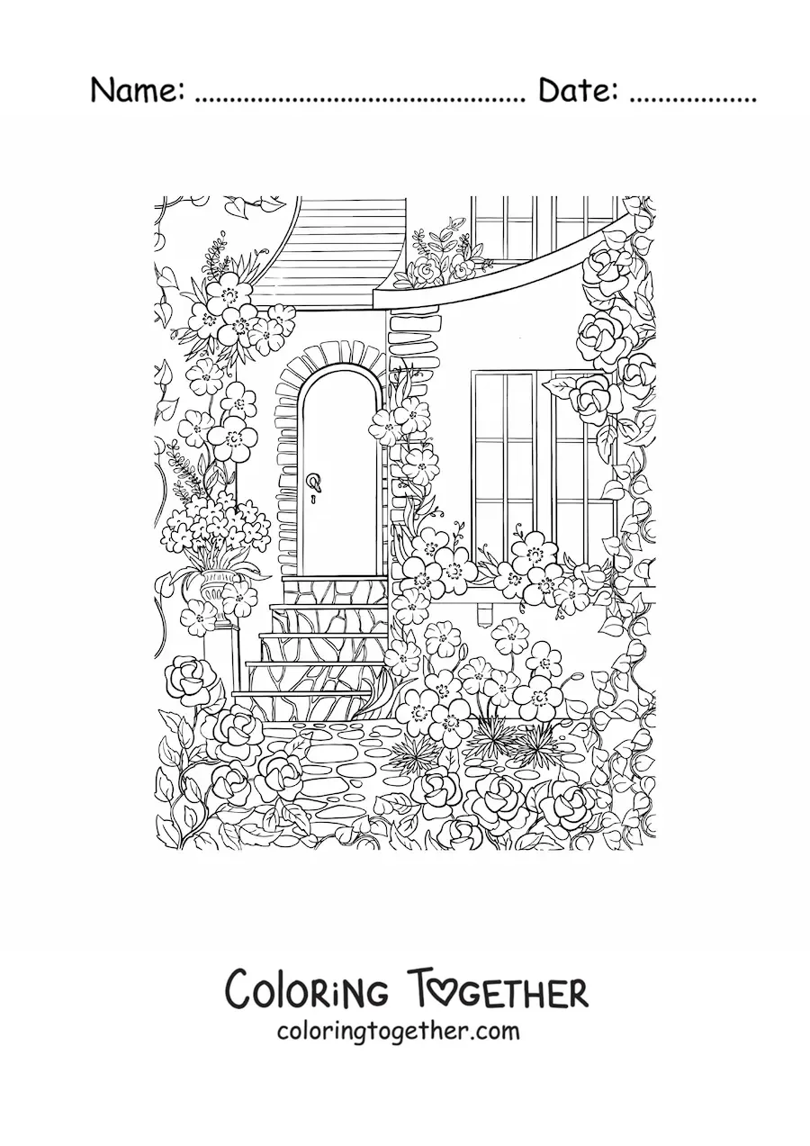 Coloring page of a house with a secret garden with flowers
