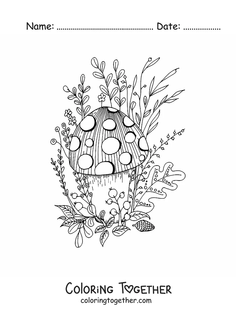 Coloring page of a mushroom with flowers and plants