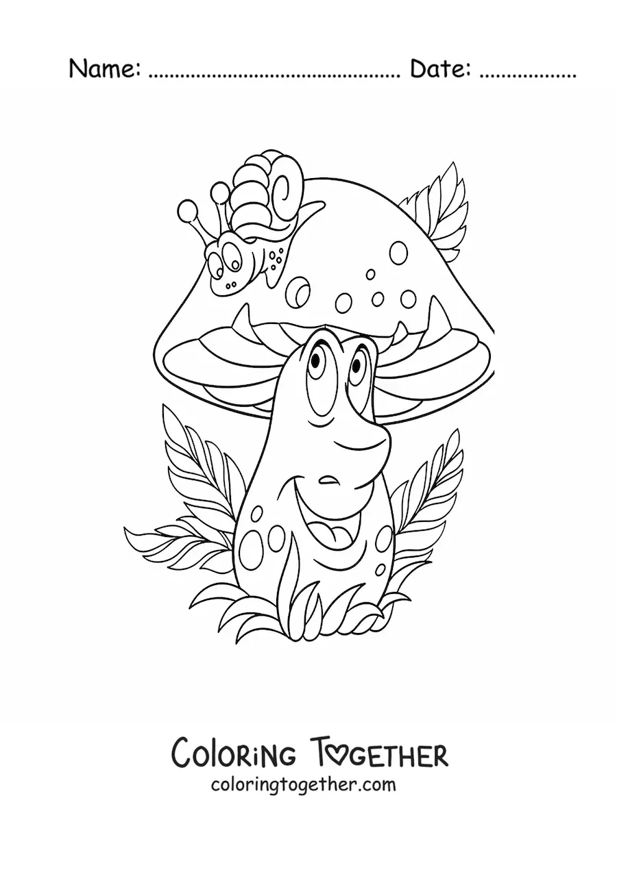 Coloring page of a cartoon mushroom with a snail