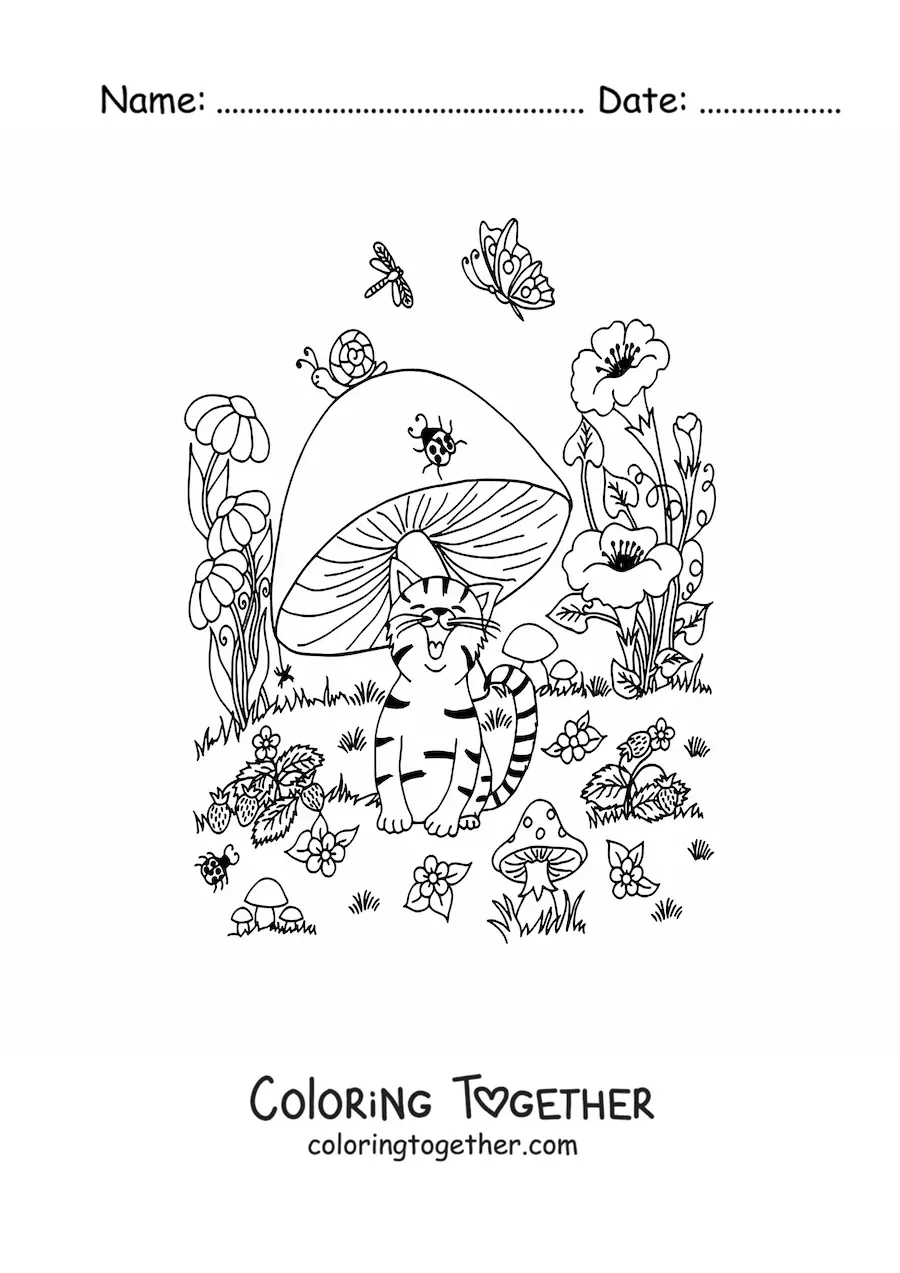 Coloring page of a cartoon cat with a mushroom and a butterfly in a magical garden