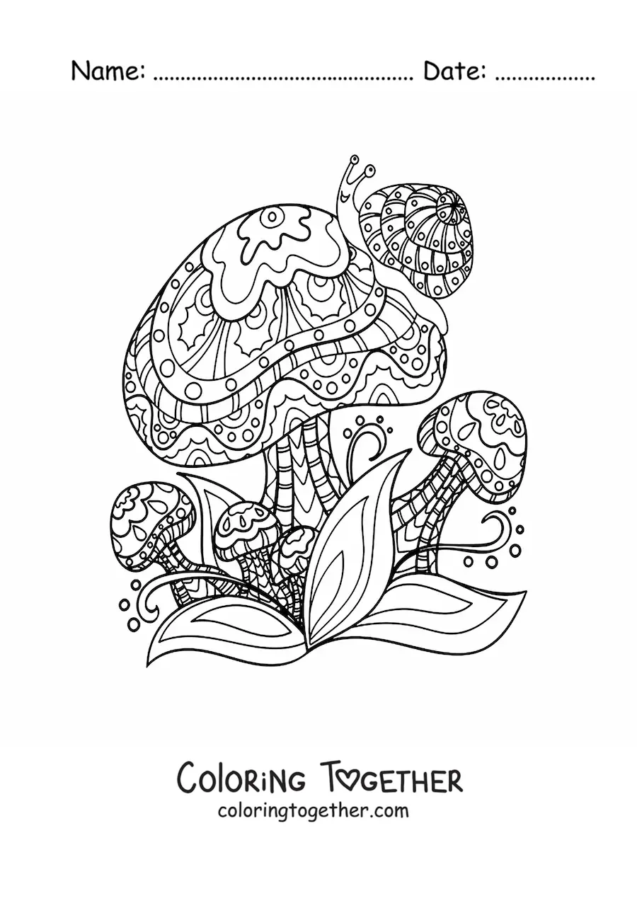 Coloring page of mushrooms with a snail in Zentangle style