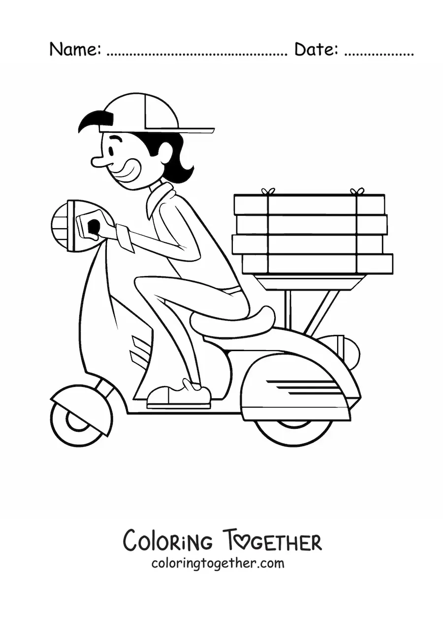 Coloring page of a pizza delivery person on a motorcycle