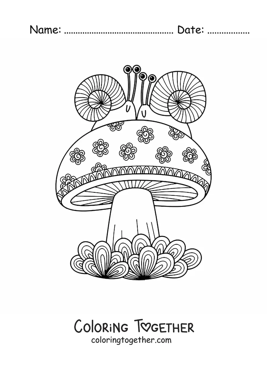 Coloring page of a mushroom with snails in Zentangle style