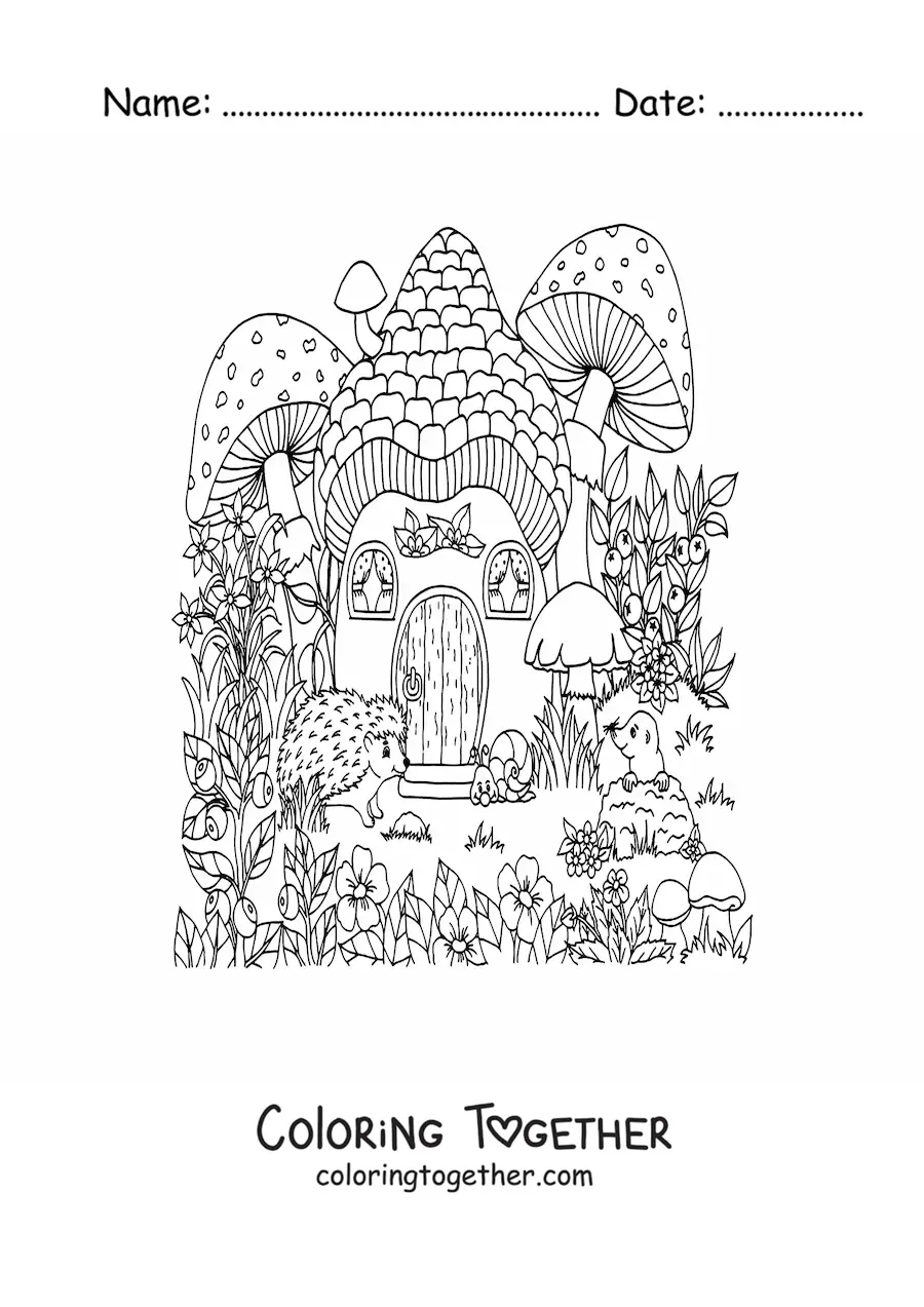 Coloring page of a porcupine and magical forest animals in a mushroom-shaped house