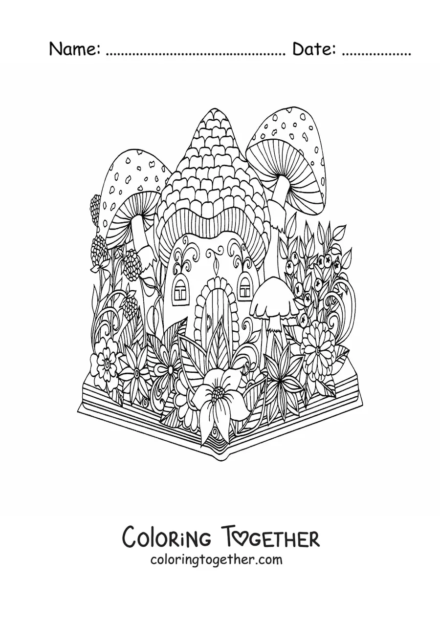 Coloring page of a book with a magical garden
