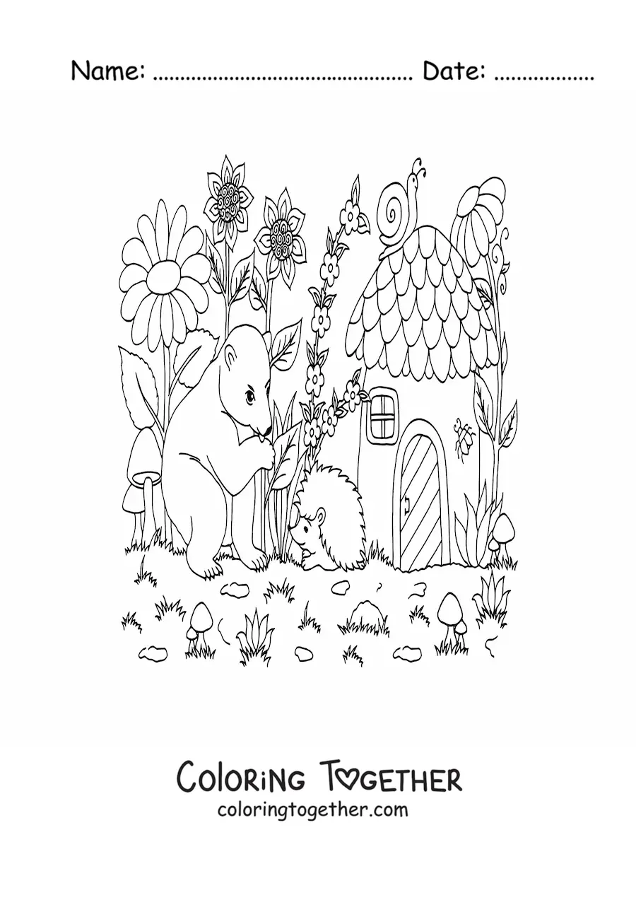Coloring page of a bear and magical forest animals in a mushroom-shaped house