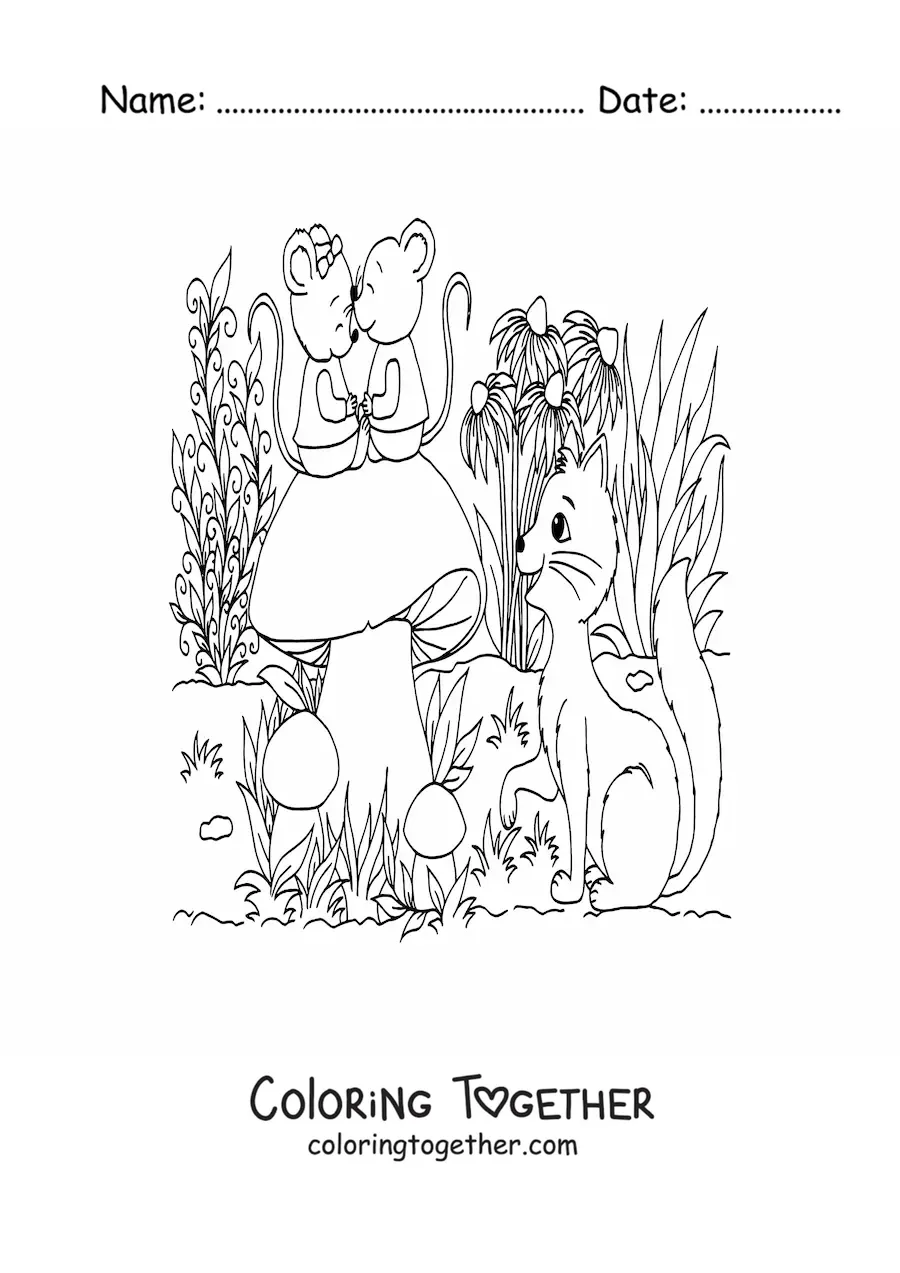 Coloring page of a cat and mice in a magical garden