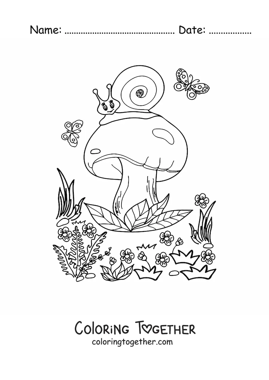 Coloring page of a mushroom with a snail and butterflies in the magical forest