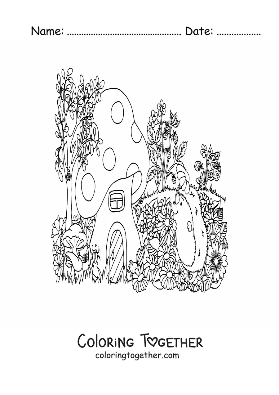 Coloring page of a sweet porcupine next to a magical forest house