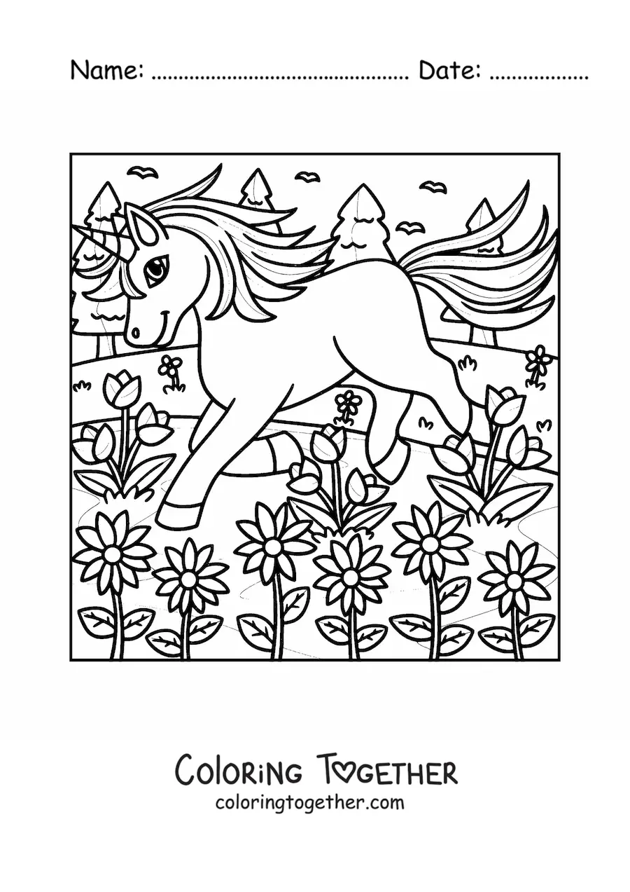 Coloring page of a unicorn trotting in a magical garden