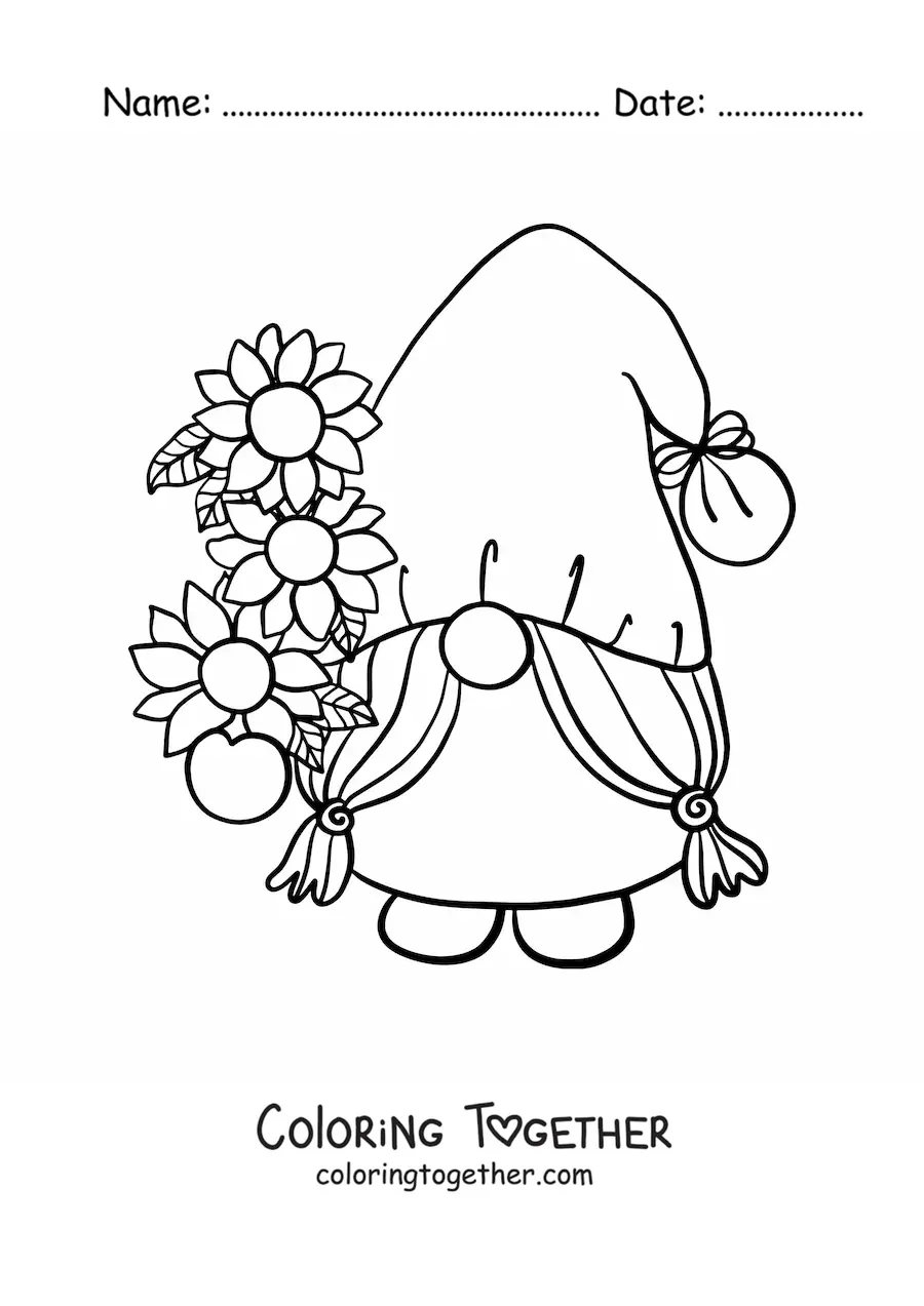Coloring page of a garden gnome with flowers