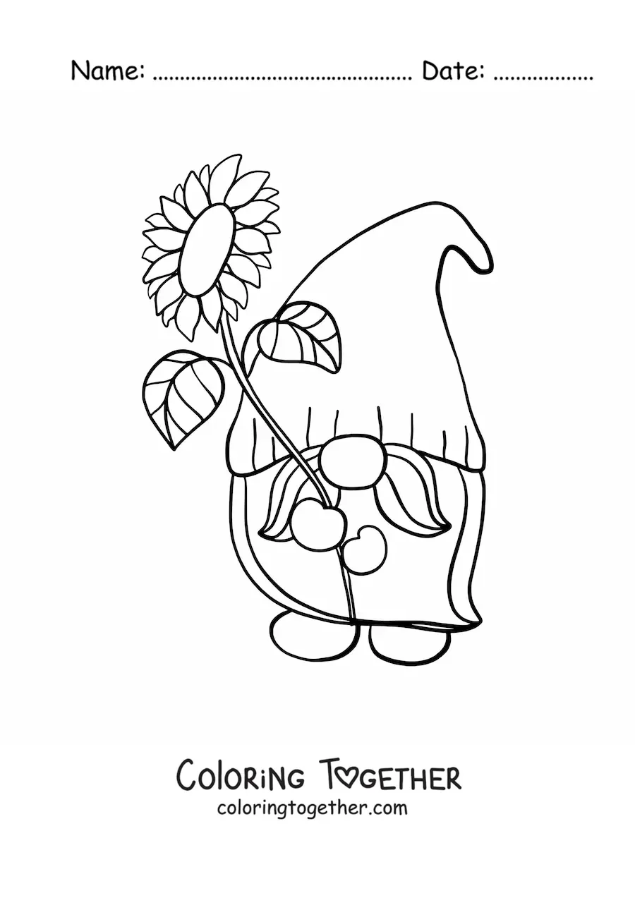 Coloring page of a garden gnome with a sunflower