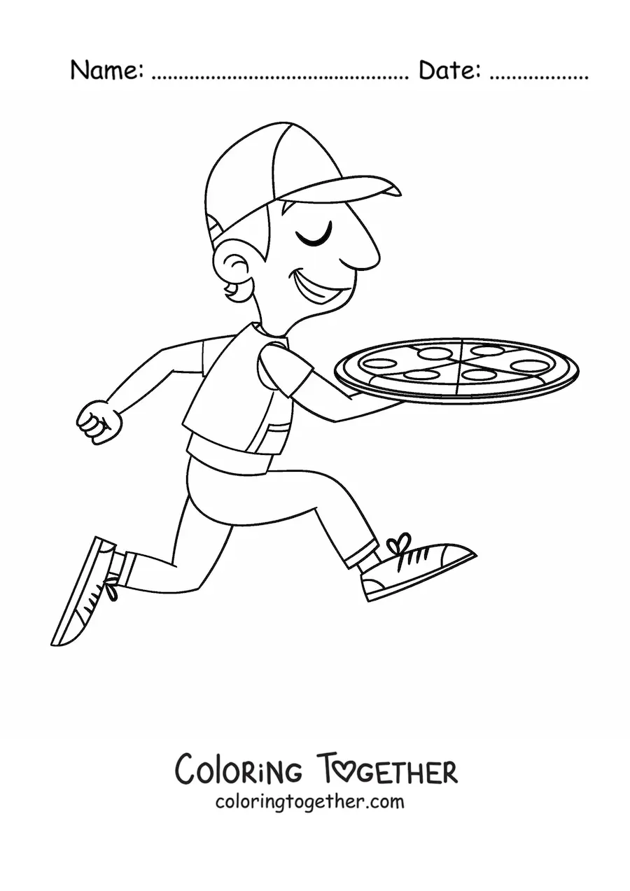 Coloring page of a pizza delivery person walking