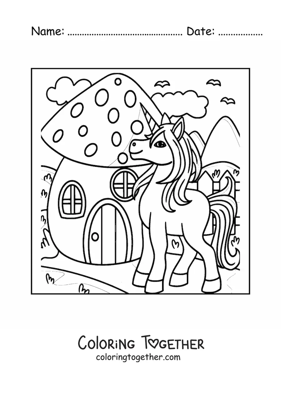 Coloring page of a unicorn next to a mushroom-shaped house in the enchanted forest