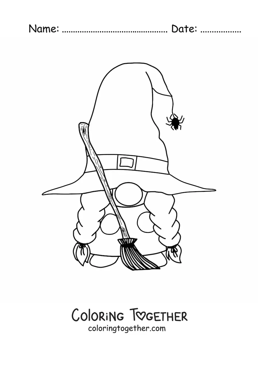 Coloring page of a Halloween gnome with a broom