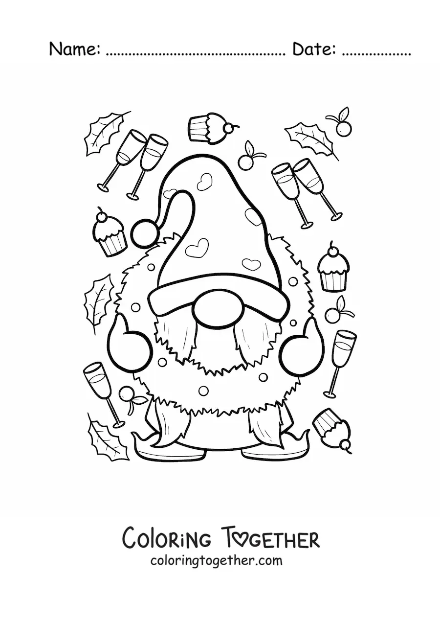 Coloring page of a Christmas gnome with a wreath