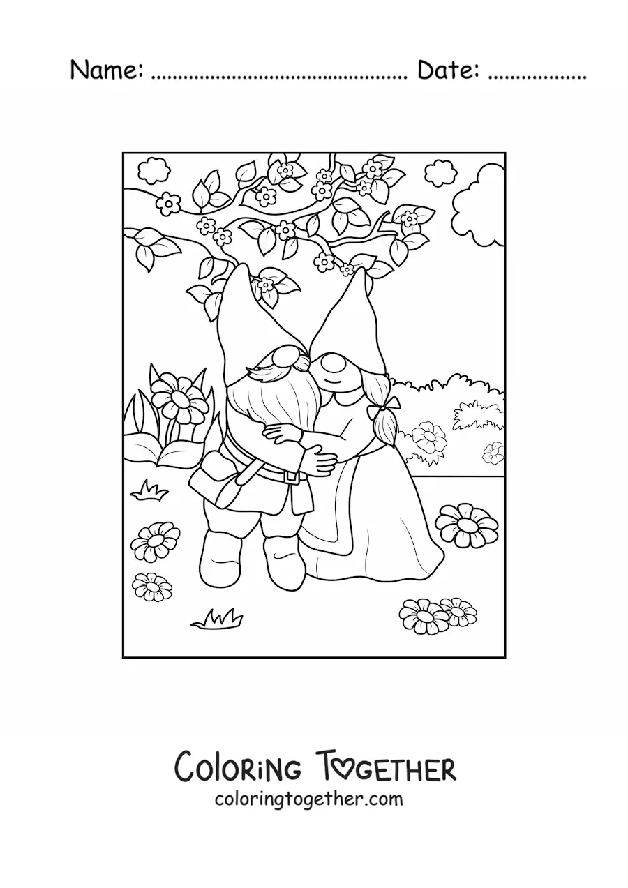Coloring page of a couple of gnomes hugging in the garden