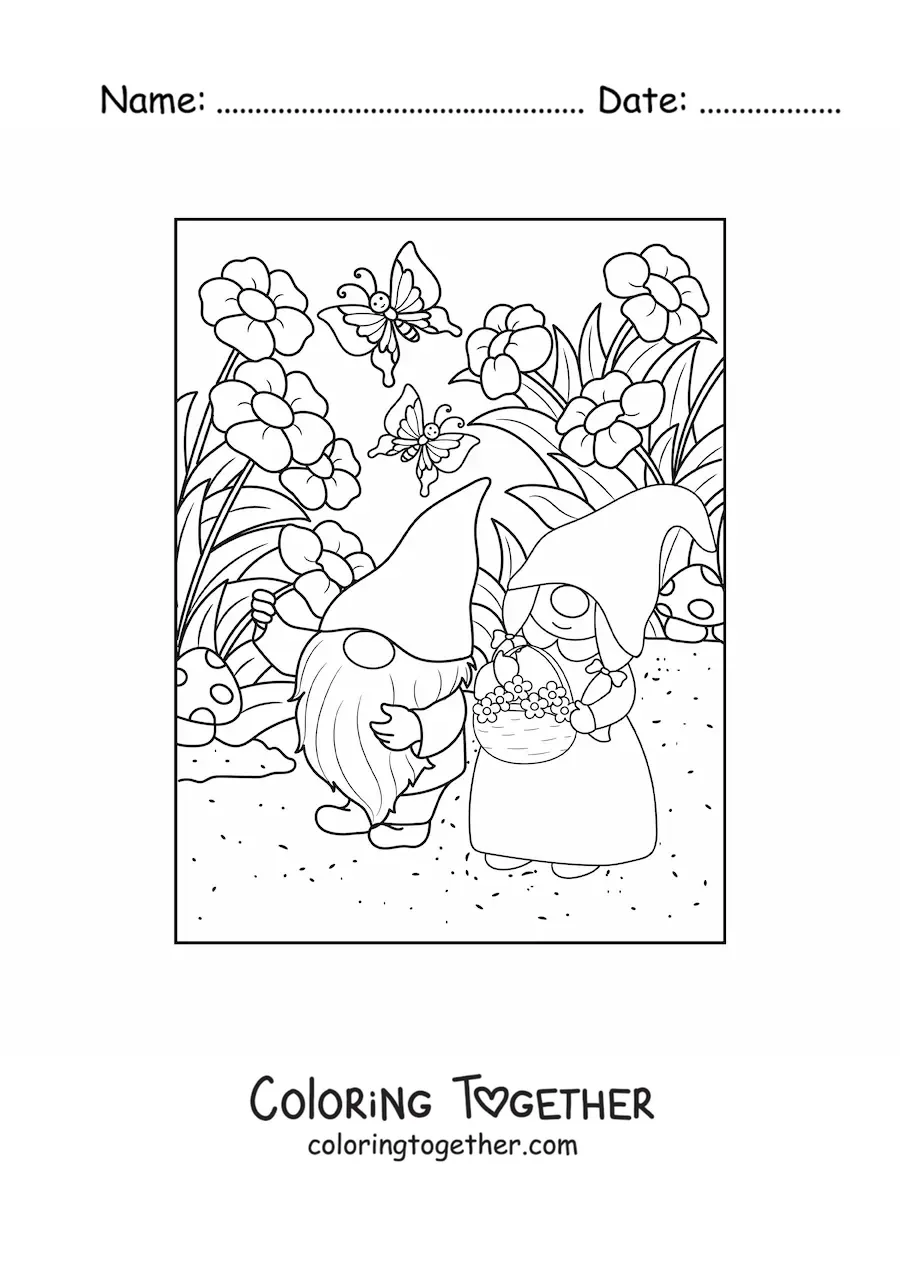 Coloring page of a couple of gnomes picking flowers in the garden