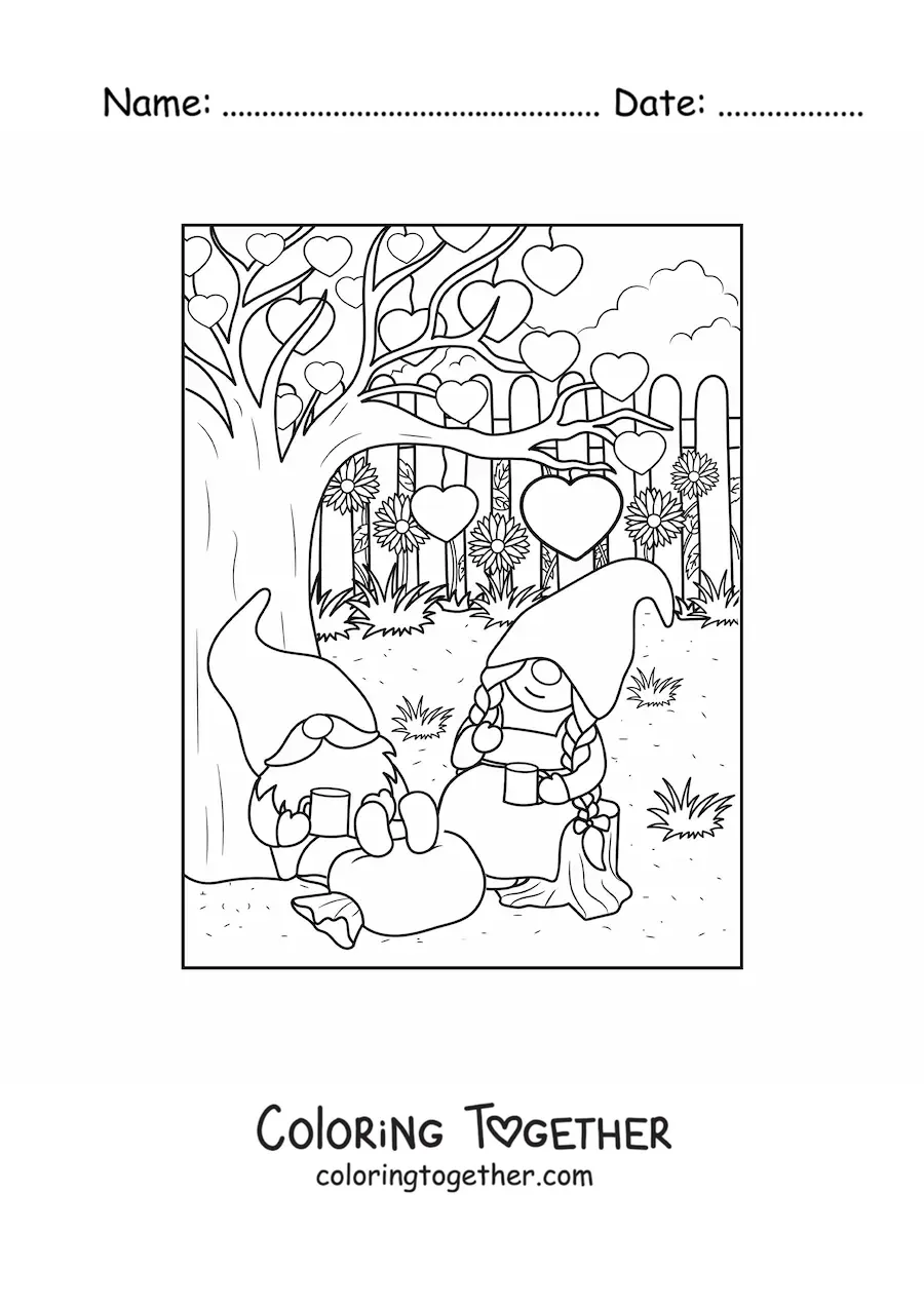 Coloring page of a couple of gnomes in love drinking coffee in the garden
