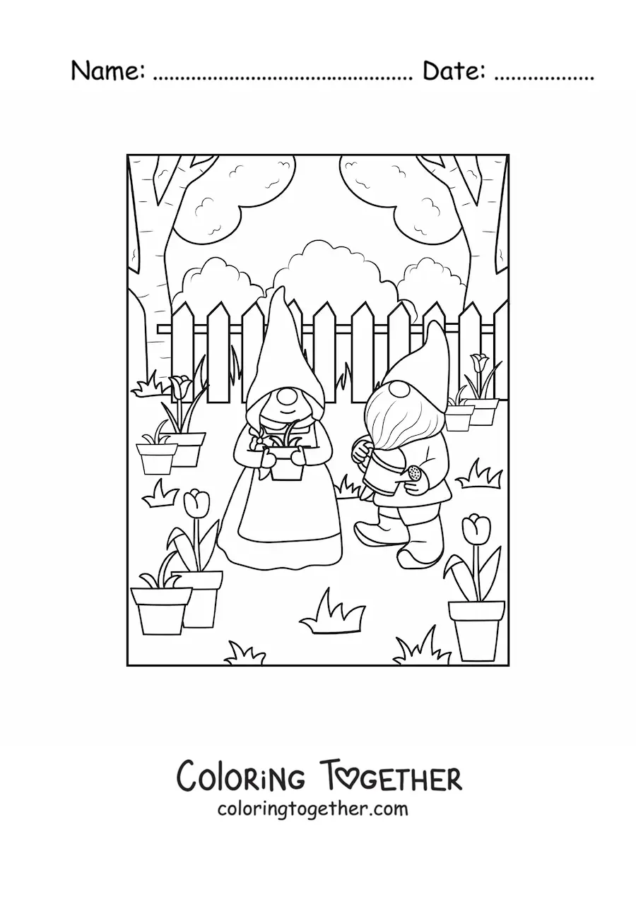 Coloring page of a couple of gnomes planting in the garden