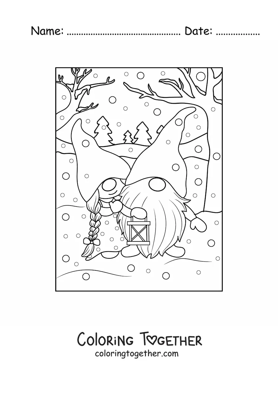 Coloring page of a couple of gnomes in love in winter