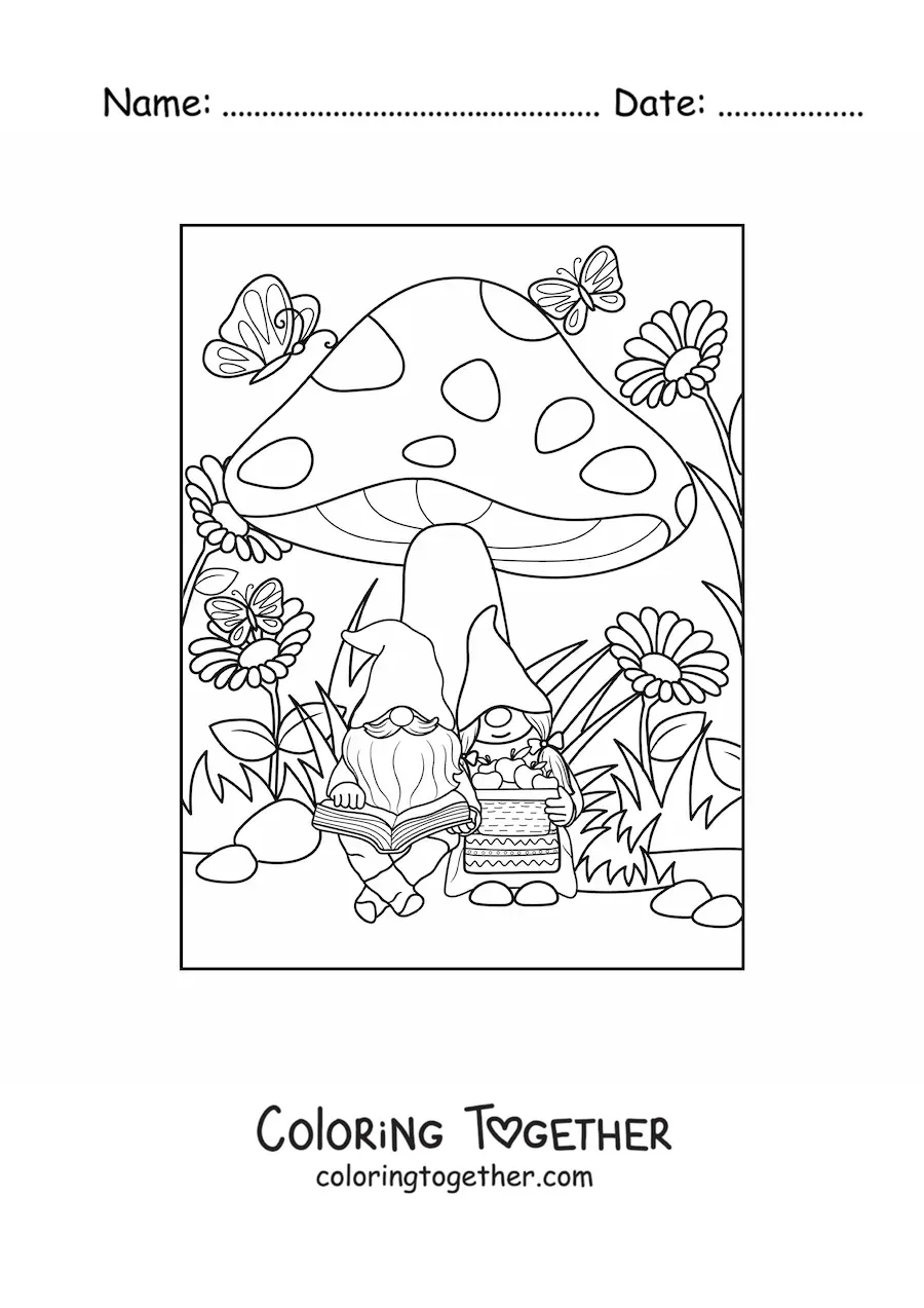 Coloring page of a couple of gnomes reading under a mushroom